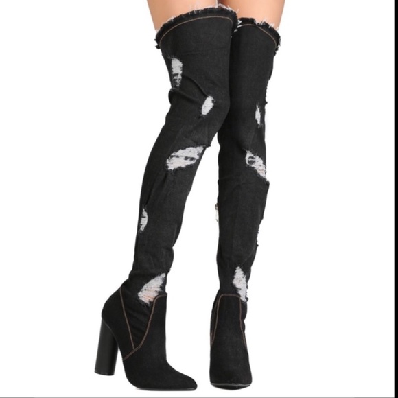 distressed thigh high boots